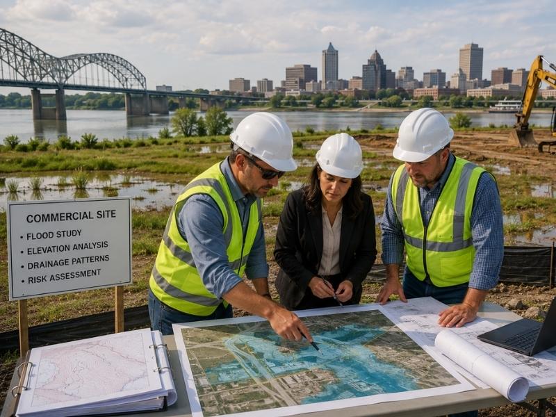 Civil engineers and developers reviewing flood study maps at a commercial development site near the Mississippi River in Memphis, TN before selecting property for development.