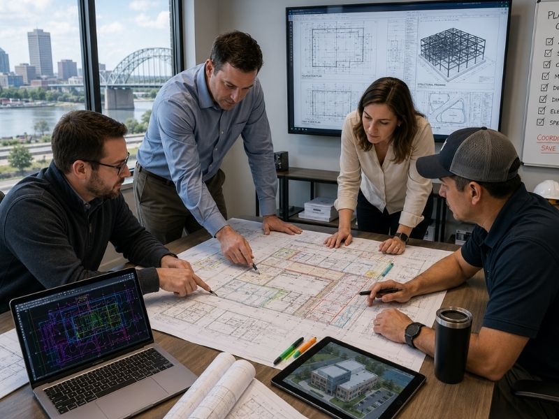 Civil engineers, architects, and construction professionals coordinating construction plans before permit submission during a project review meeting in Memphis, TN.
