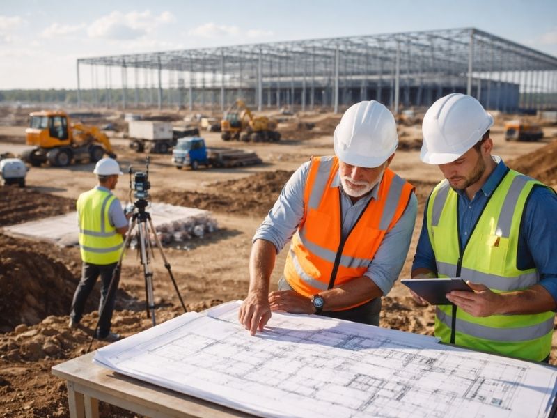 Civil engineers and construction professionals reviewing site plans and blueprints on an active construction site during project planning and design review