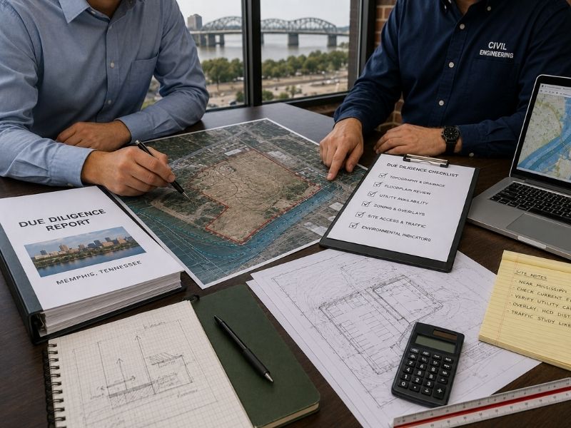 Civil engineers reviewing site plans, flood maps, utility information, and due diligence documents for a commercial development project in Memphis, TN.