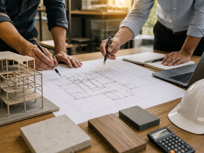 Engineers reviewing commercial building plans and construction details to balance cost, function, and buildability for a development project in Memphis, TN.