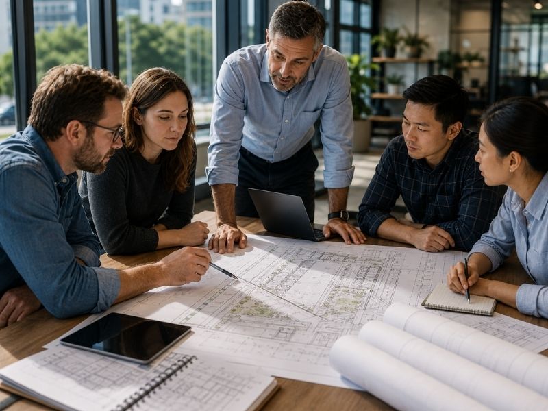 Engineering project team coordinating civil and structural plans during a project management meeting for a commercial development in Memphis, TN.