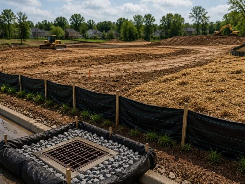 Construction site in Memphis, TN with silt fences, protected storm drain inlet, and stabilized soil to control erosion before land clearing begins.