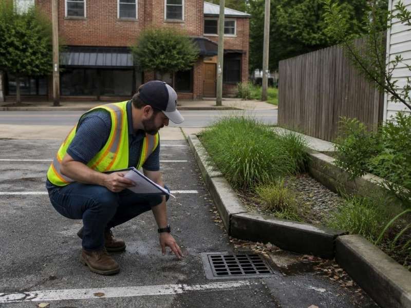 Civil engineer inspecting pavement drainage, a storm drain and a compact rain garden at an infill site in Memphis.