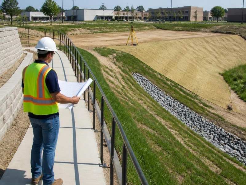Civil engineer in Memphis, Tennessee, reviewing grades beside an accessible walkway, retaining wall and drainage swale on a sloped commercial site.
