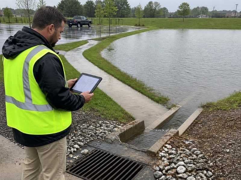 Civil engineer in Memphis, Tennessee, inspecting a full detention basin, storm drain and overflow channel after heavy rainfall.
