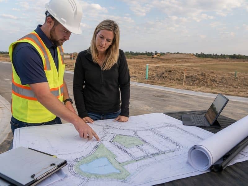 Municipal engineering requirements reviewed by a civil engineer and developer during early site planning.

