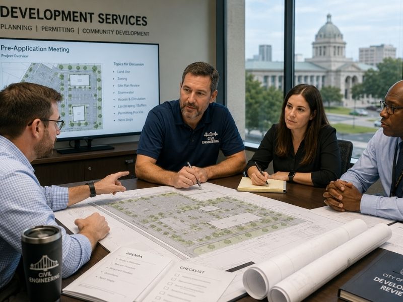 Civil engineer meeting with Memphis, TN development review officials to discuss a commercial site plan before permit submission.