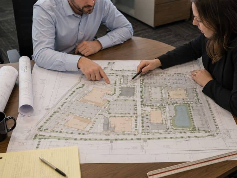 Site plan details for mixed-use redevelopment reviewed by engineers showing buildings, parking, roads, landscaping, and stormwater areas.

