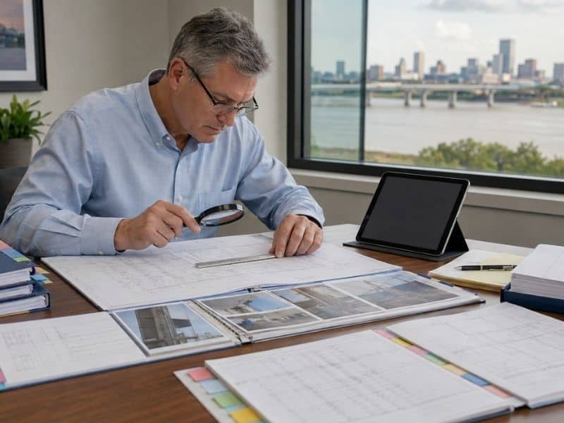 Engineering expert witness reviewing construction plans, inspection photos, and project records in Memphis