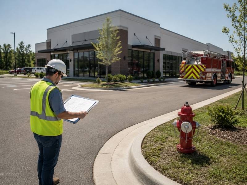 Land Development Engineer reviewing fire truck access and hydrant placement for a commercial site in Memphis Tennessee