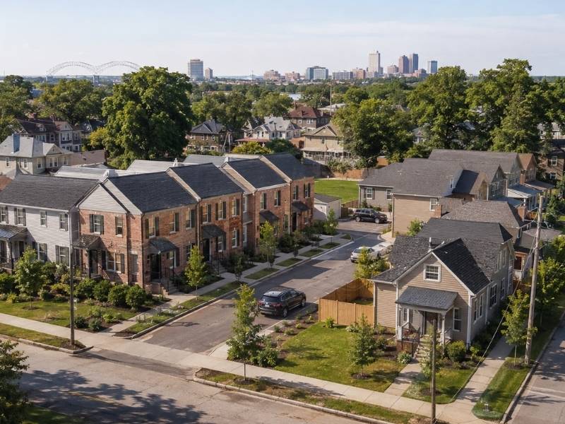 Aerial view of an infill housing project in Memphis, showing the type of neighborhood development that may require land entitlements